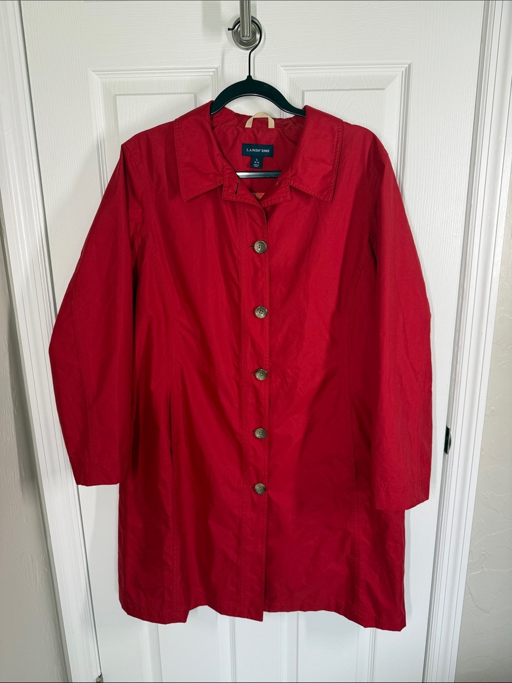 Lands’ End red trench style rain coat size large